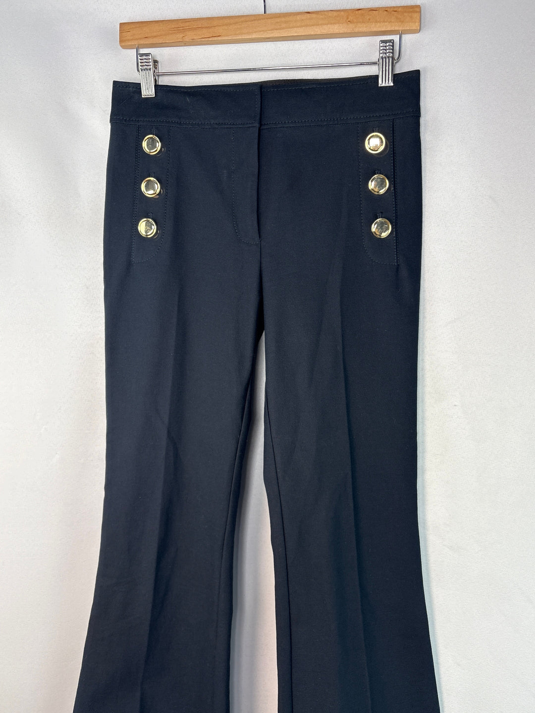 Women Derek Lam 10 Crosby Navy Pleated Pants Size 4 Stretch Gold Buttons
