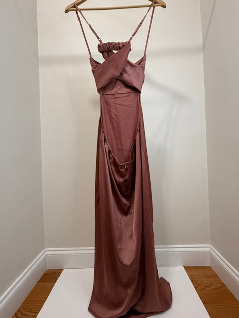 Fiemaoves Satin Cowl Neck Backless Maxi Dress Rose Brown NWT XL