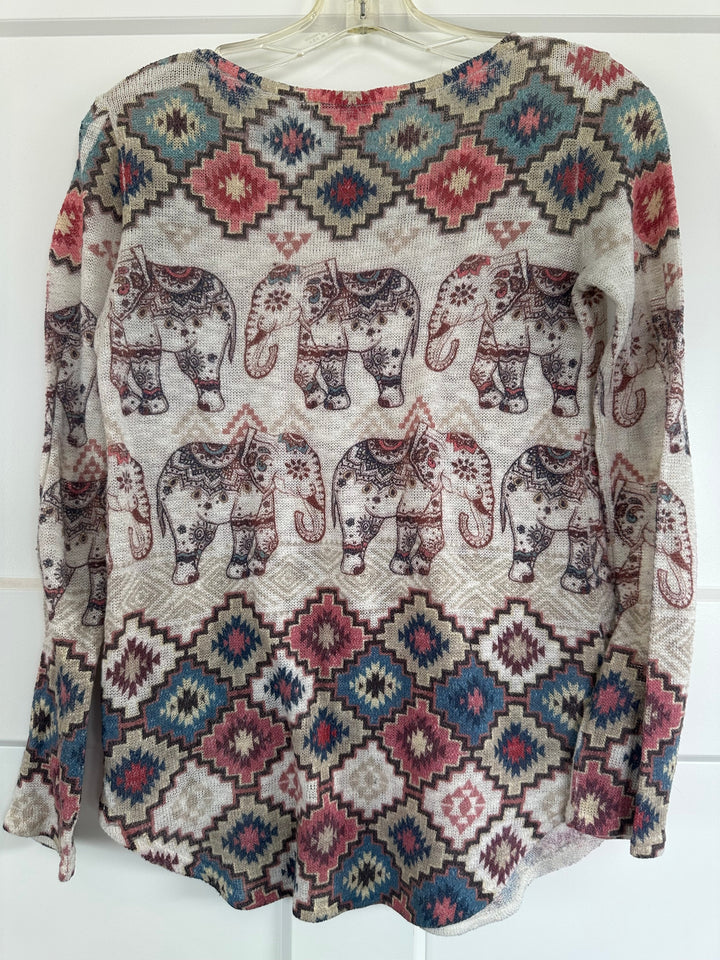 Papaya Women’s Boho Elephant Geometric Lightweight Long Sleeve Knit Sweater Top Size M