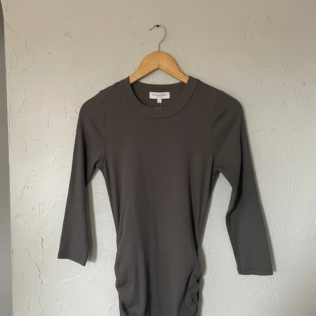 Michael Stars Grey Oxide 3/4 Sleeve Ruched Bodycon T-shirt Dress Crewneck sz S