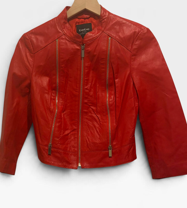 Bebe Red Genuine Leather Cropped Moto Jacket S 80s Rocker Thriller Glam