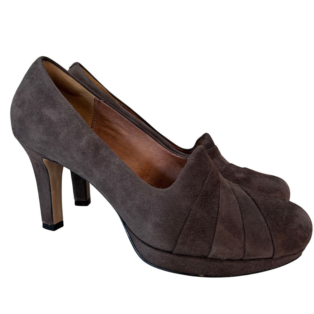 Clarks Womens Delsie Joy Dark Taupe Suede Pleated Pumps Size 8.5M
