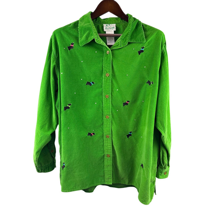 Women’s The Quaker Factory Size 2X Leaf Green Corduroy Button Up w/ Dog Pattern