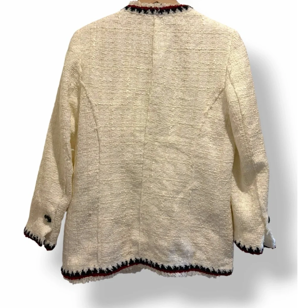 Zara Woman Tweed Blazer Size Small Ivory Boucle Jacket Fringe Trim Quiet Luxury