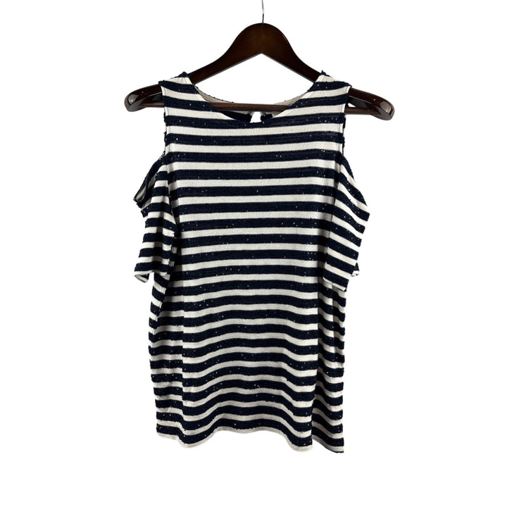 Women’s Chicos Size 2 White & Navy Sequined Striped Short Sleeve