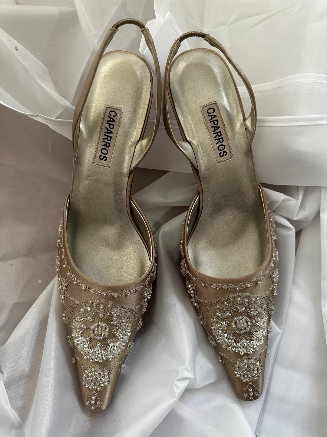Caparros Champagne Satin Beaded Slingback Heels Wedding Evening Bridal
