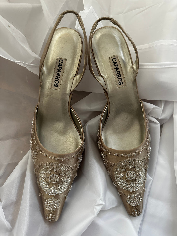 Caparros Champagne Satin Beaded Slingback Heels Wedding Evening Bridal