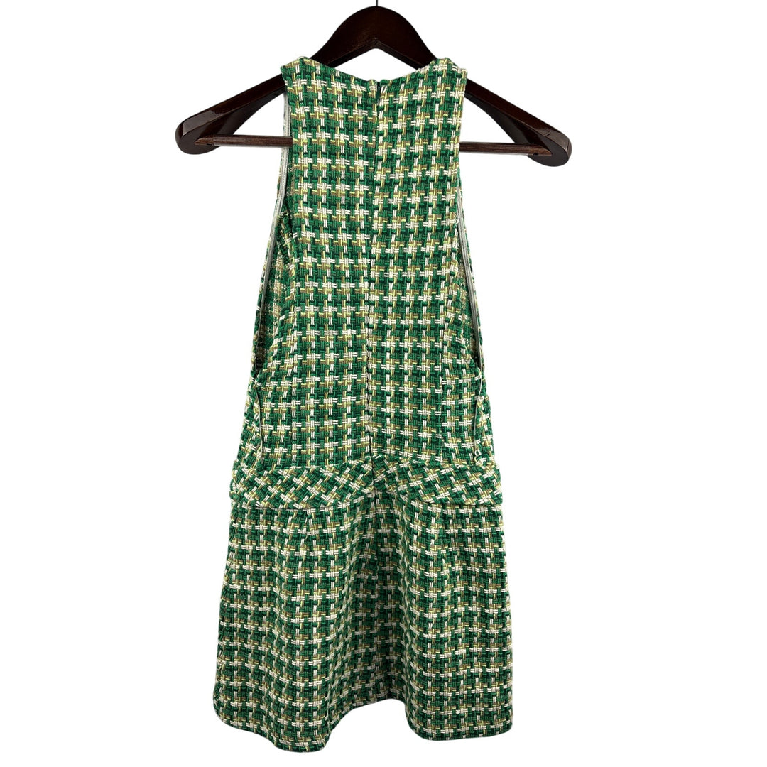 Women’s Zara XS Green, White, & Brown 60’s Style Sleeveless Mini Dress