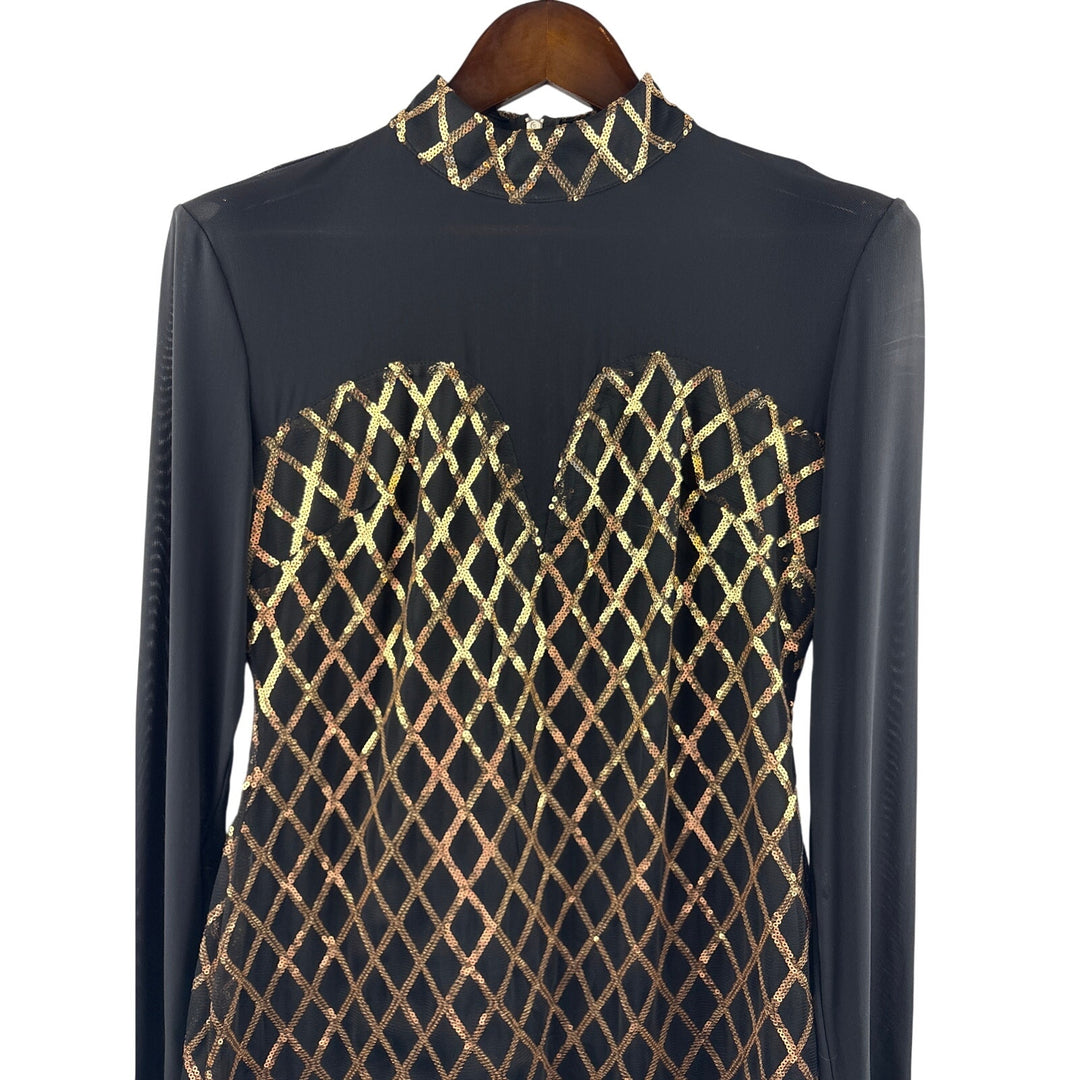 Women’s Reaqka XL Black Mesh Long Sleeve Mockturtleneck Dress w/ Gold Sequins