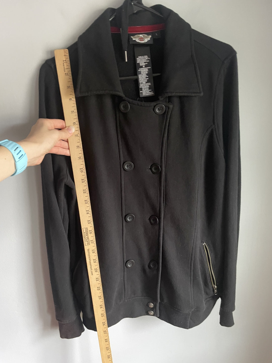 Harley Davidson Womens L Black Double Breasted Jacket Detachable Sherpa Hood Peacoat