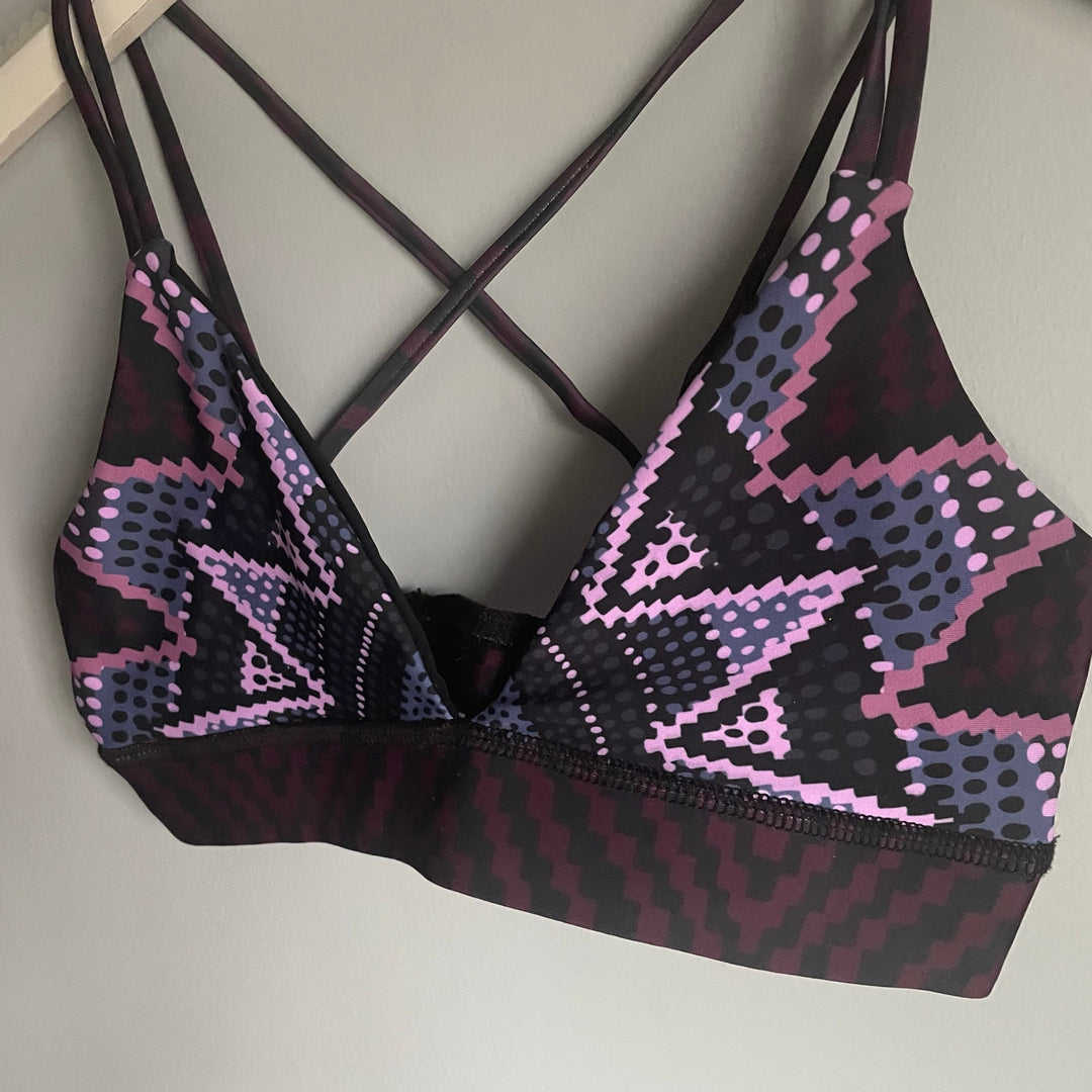 Mara Hoffman Black Purple Triangle Bikini Sports Bra Yoga Tribal Aztec size S