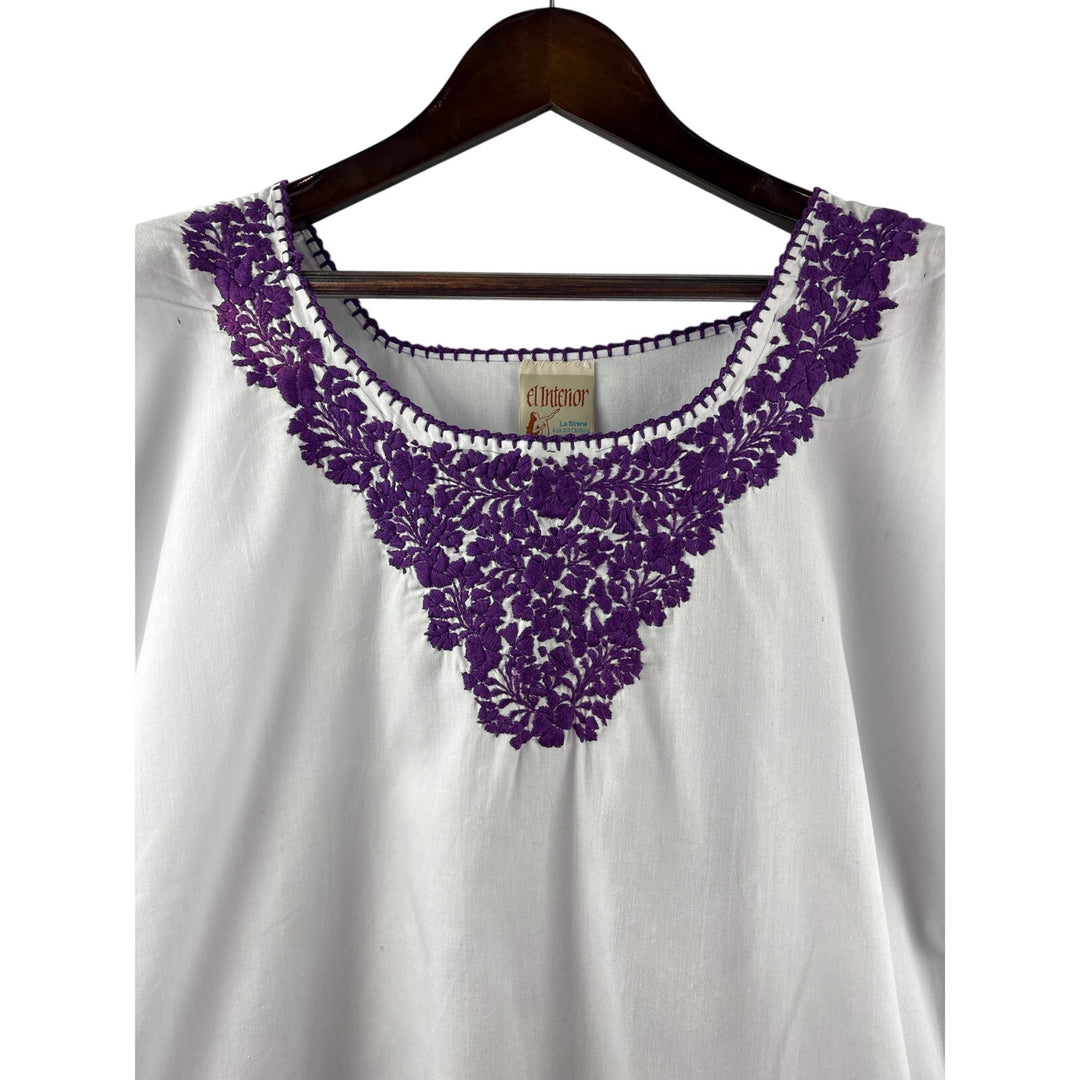 Women’s El Interior Large White Short Sleeve Blouse w/ Purple Embroidery