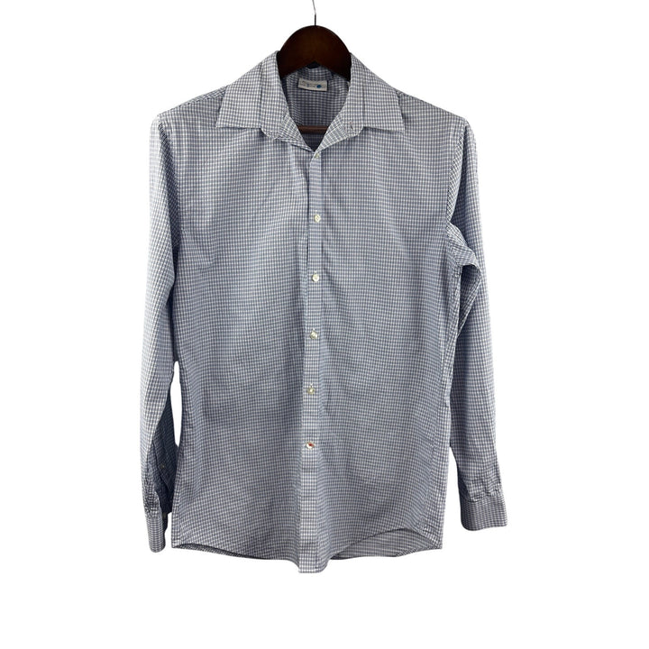 Men’s Calvin Klein Size 15 Blue, White, & Black Micro Plaid Button Up