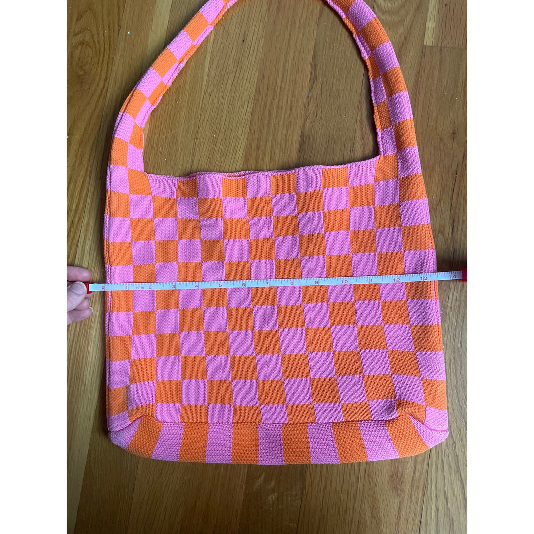 Kopari Knit Mini Tote Pink Orange 11" tall x 13.5" wide Retro Funky Checked Checkered
