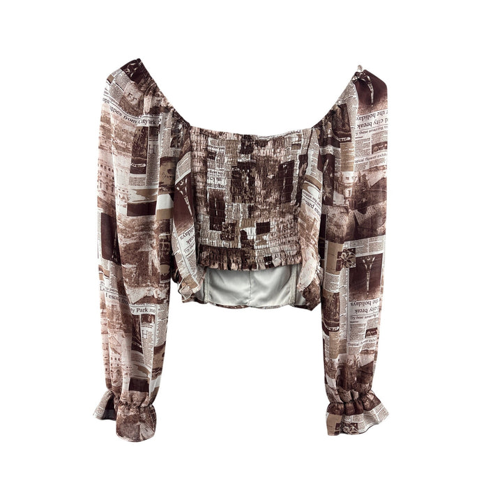 Women’s Rabbit Rose Large Brown & White Newspaper Patterned Cropped Blouse