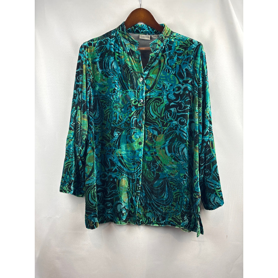 Women’s Chicos Size 2 Multicolor Velvet Button Up Shirt