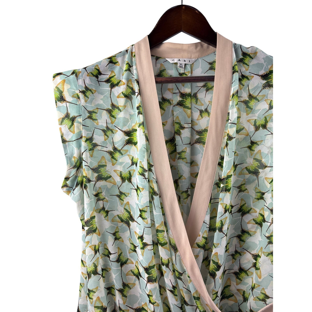 Women’s Cabi XL Light Teal w/ Green Butterflied Patterned Sleeveless Blouse