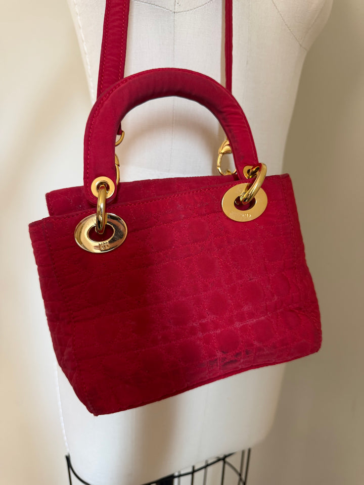 Vintage Christian Dior Lady Dior Red Cannage Nylon Canvas Bag w/ Strap