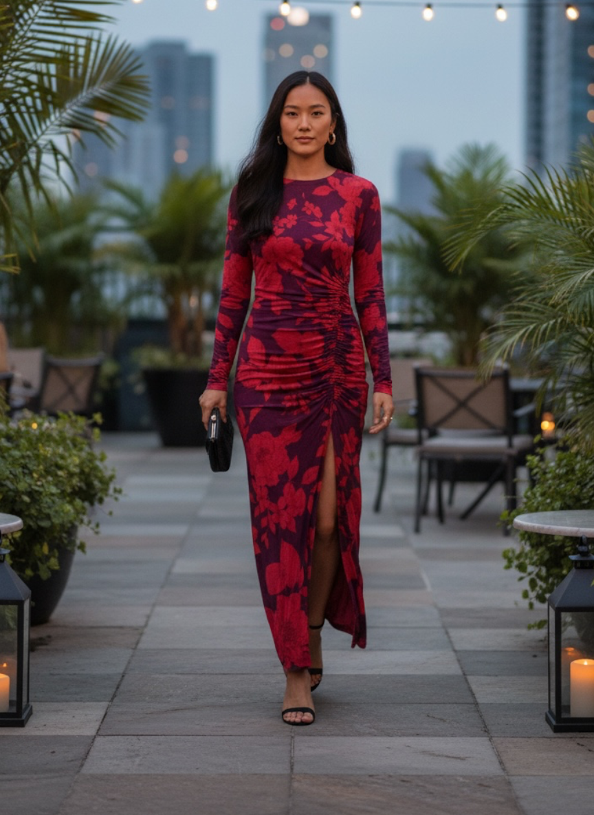 Taylor Women’s Purple/Red Long Sleeve Ruched Maxi Foral Dress, Size 4