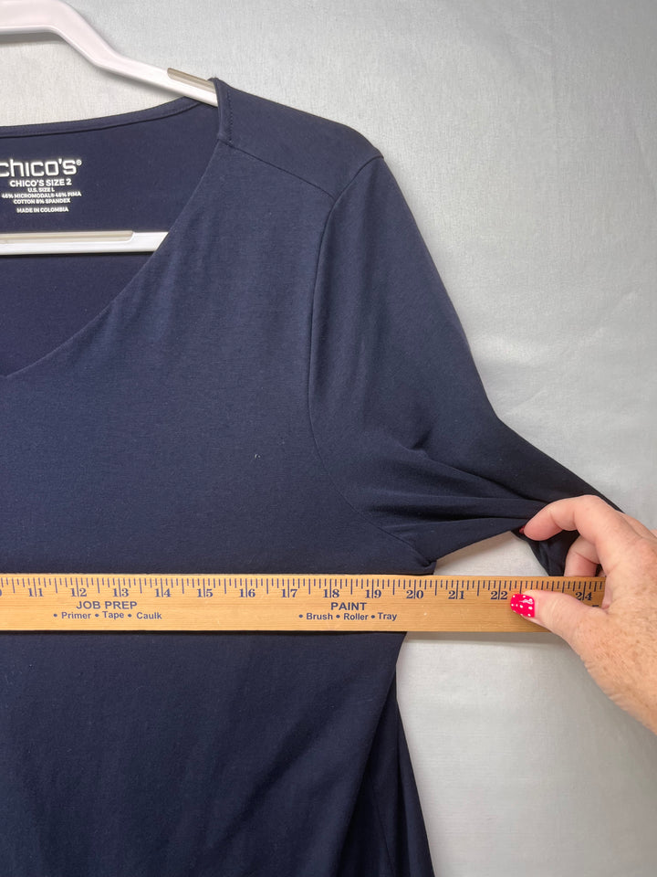 Chico’s Women’s Navy Blue V-Neck T-Shirt 3/4 Sleeve Casual Stretch Top