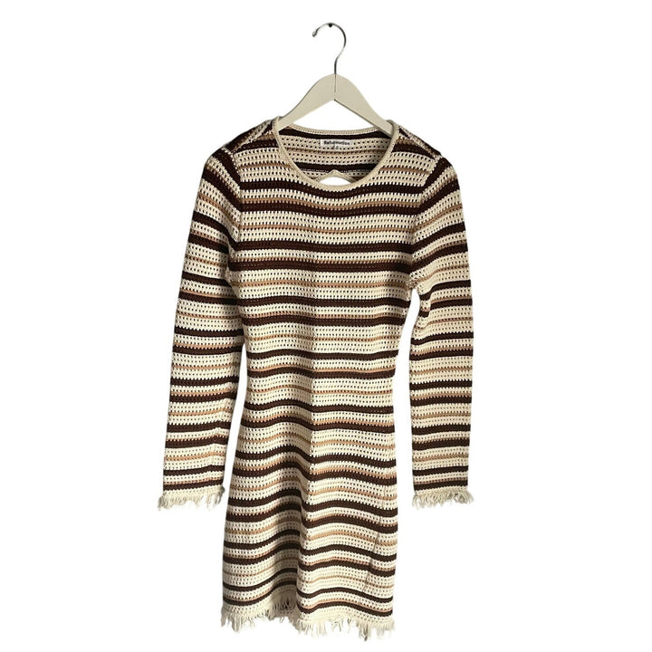 Reformation Pesca Crochet Dress Striped Brown Cream Cutout Fringe size Medium Boho