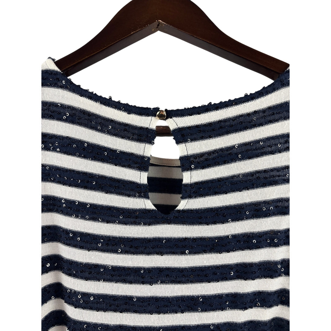 Women’s Chicos Size 2 White & Navy Sequined Striped Short Sleeve