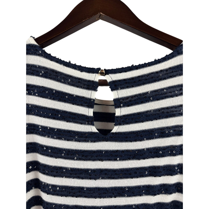 Women’s Chicos Size 2 White & Navy Sequined Striped Short Sleeve