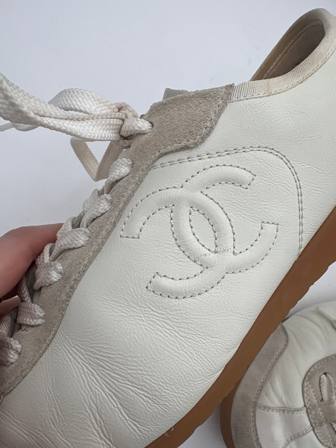 Women Chanel Cream Genuine Leather Suede Sneakers Size 8.5