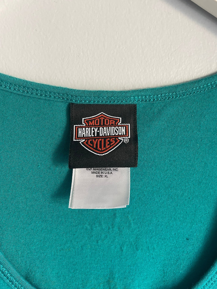 Harley Davidson Womens XL Teal Rhinestone Tank Top Snakeskin Leesburg FL Gator Y2K