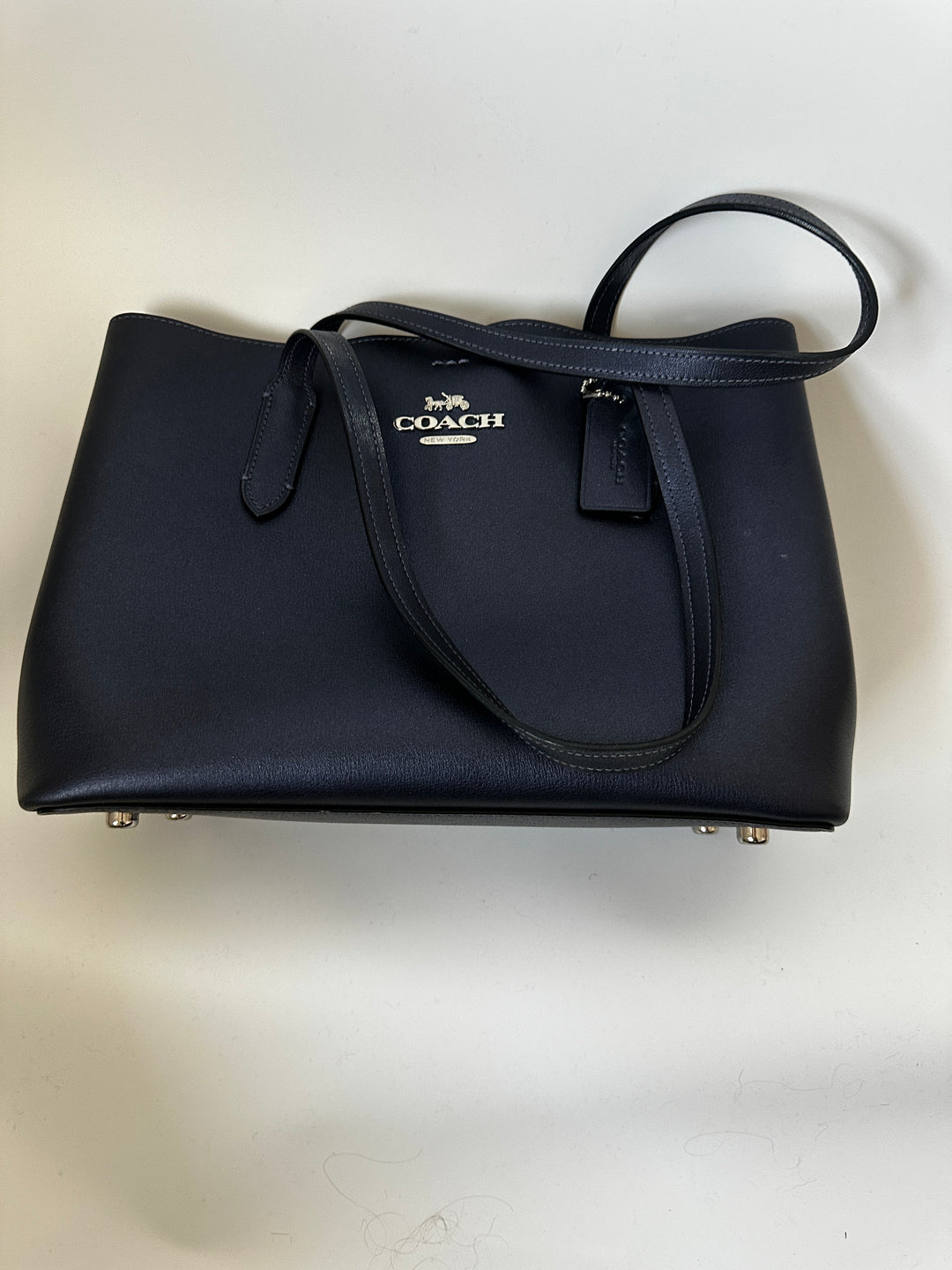 Coach Navy Blue Leather Tote Shoulder Bag Silver Hardware