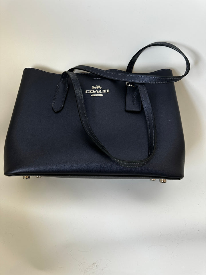 Coach Navy Blue Leather Tote Shoulder Bag Silver Hardware