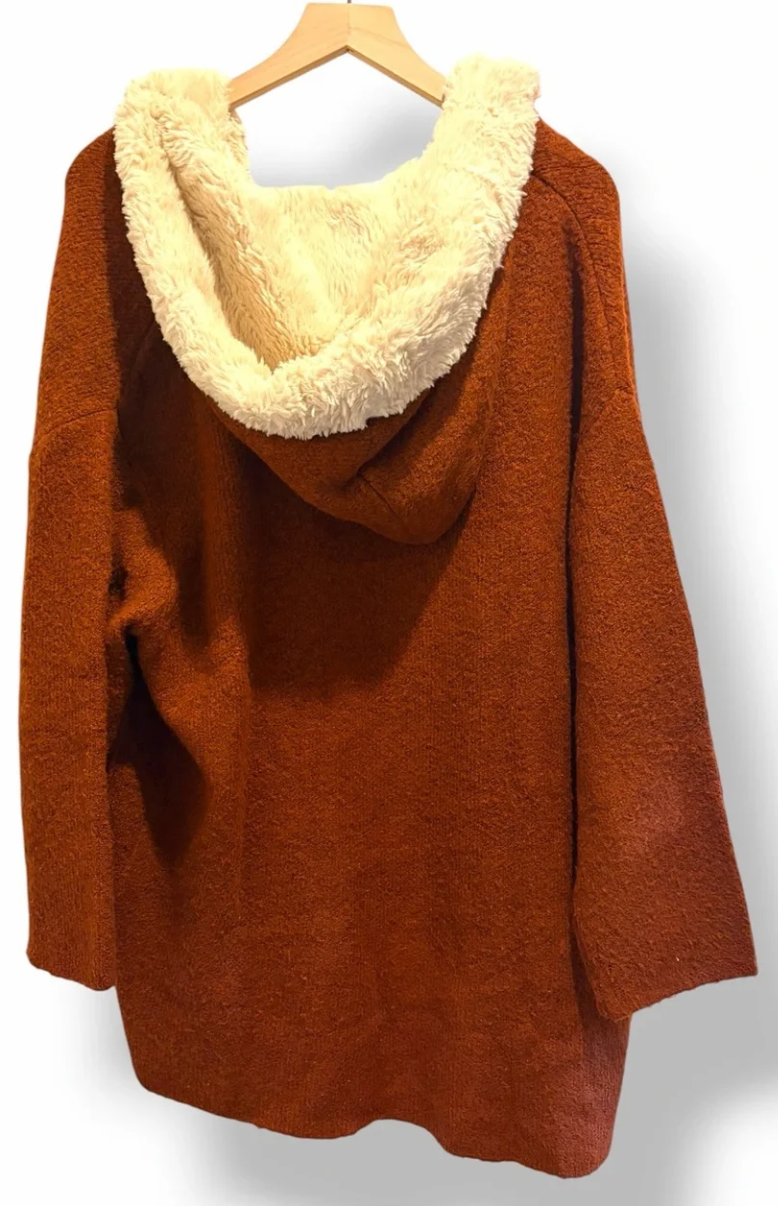 Zara Knit Hooded Cardigan Sz S Brown Sherpa Lapel Boho Hippie Sweater Jacket