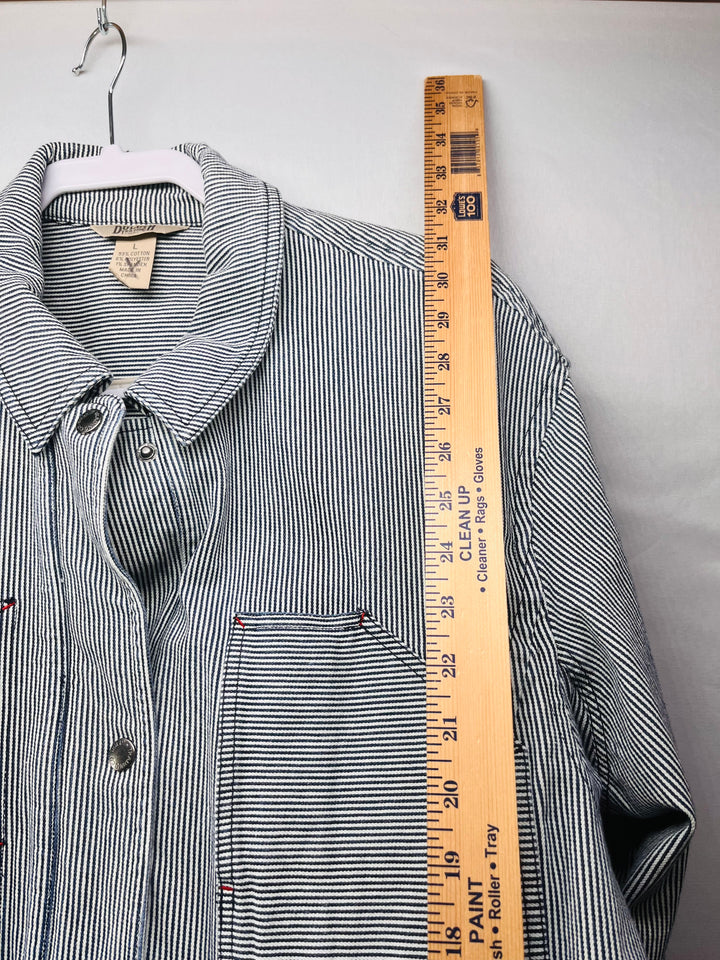 Duluth Trading Co Hickory Stripe Chore Coat Workwear Railroad inspired Denim Jacket
