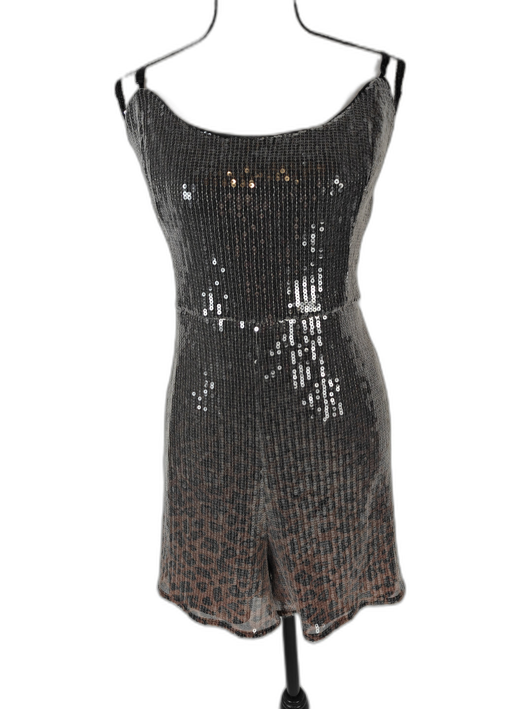 Women Hutch Sequin Romper Black Animal Print XL