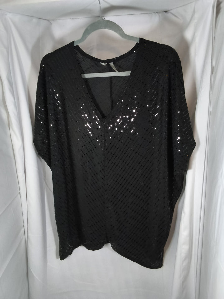 Silverwear Black Sequin V Neck Short Sleeve Party Blouse