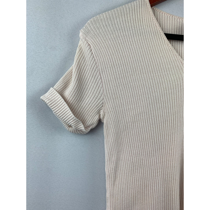 Ribbed Short-Sleeve V-Neck Beige Top With Pearl Button Detail