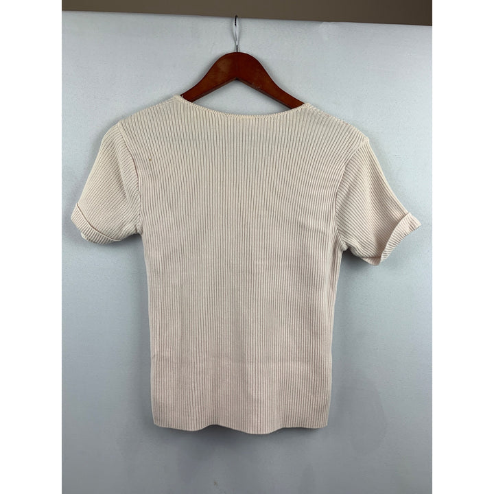 Ribbed Short-Sleeve V-Neck Beige Top With Pearl Button Detail