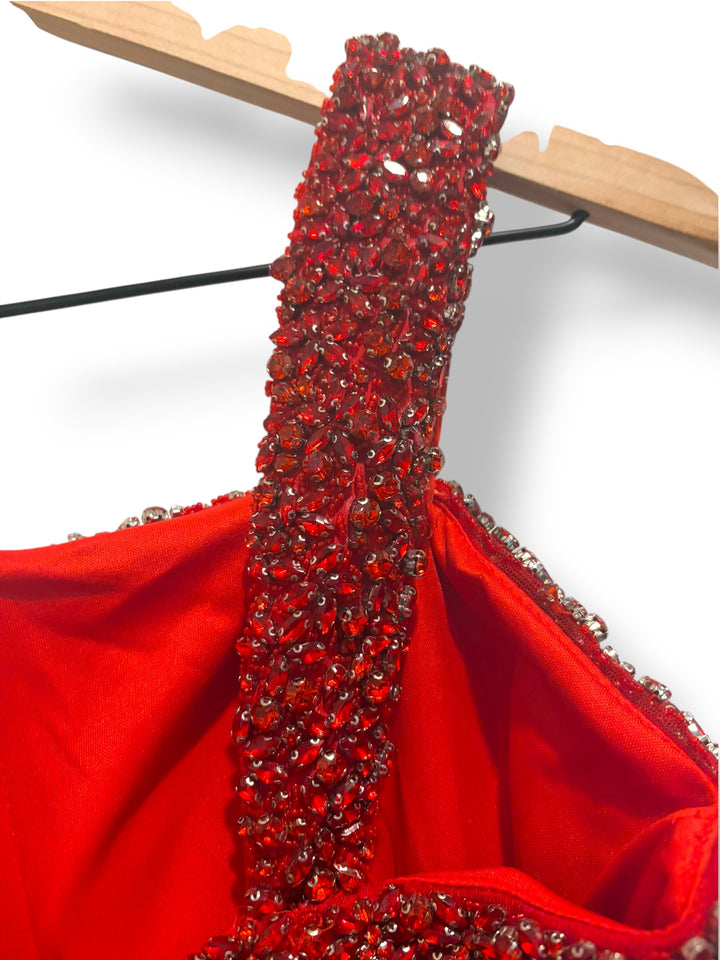Ava Presley 29121 Red Satin Beaded Mermaid Prom Evening Gown Size 10 Bow Train