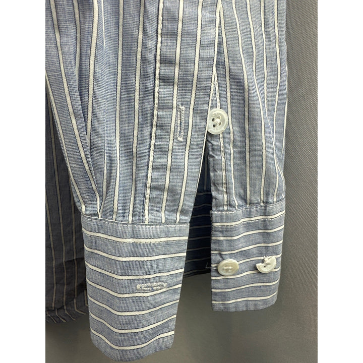 Women’s Equipment Femme Blue and White Striped Dress Shirt Size L