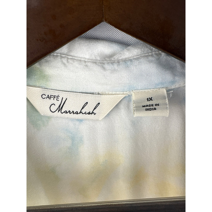 Women’s Caffé Marrahesh Size 1X White, Yellow, & Blue Tie-Dyed Blouse