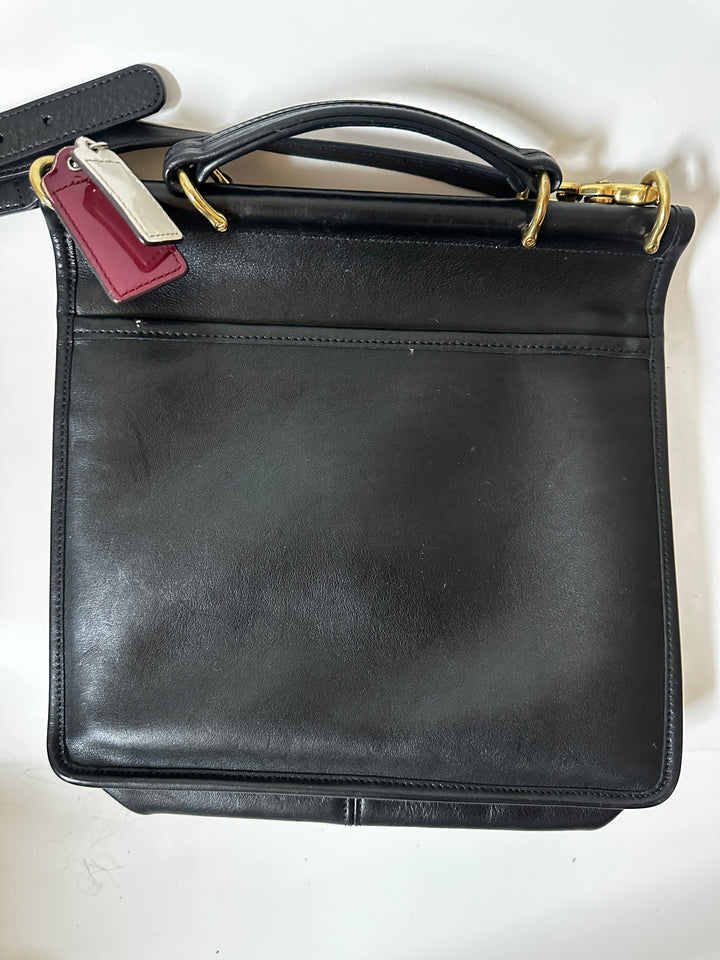 Coach Black Leather Turnlock Briefcase Messenger Crossbody Bag Brass Hardware