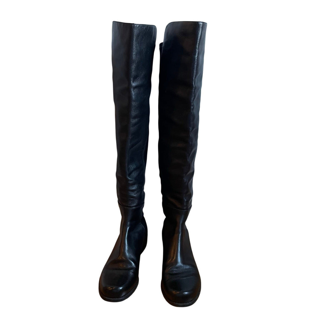 Stuart Weitzman 5050 Black Leather Elastic Back Round Toe Tall Boots EU35.5 US5