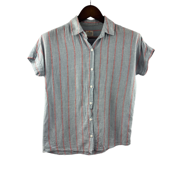 Women’s Marine Layer XS Light Blue w/ Red Stripes Short Sleeve Button Up