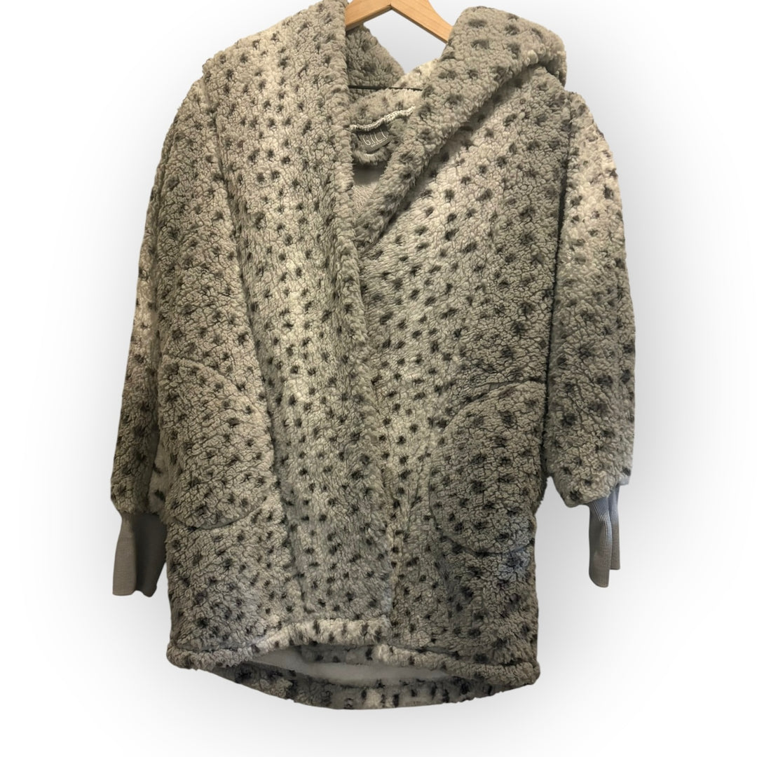 G.I.L.I. Gray Leopard Print Faux Fur Sherpa Hooded Coat XXS/XXXS Oversized