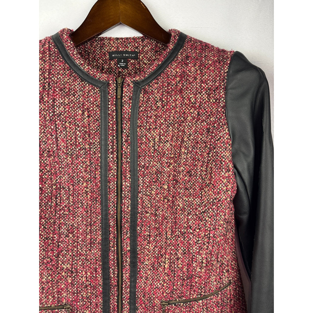 Women’s Willi Smith Size 2 Red & Black Tweed & Leather Jacket