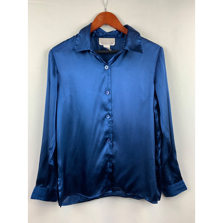 Susan Graver Style Royal Blue Satin Button-Up Shirt XS