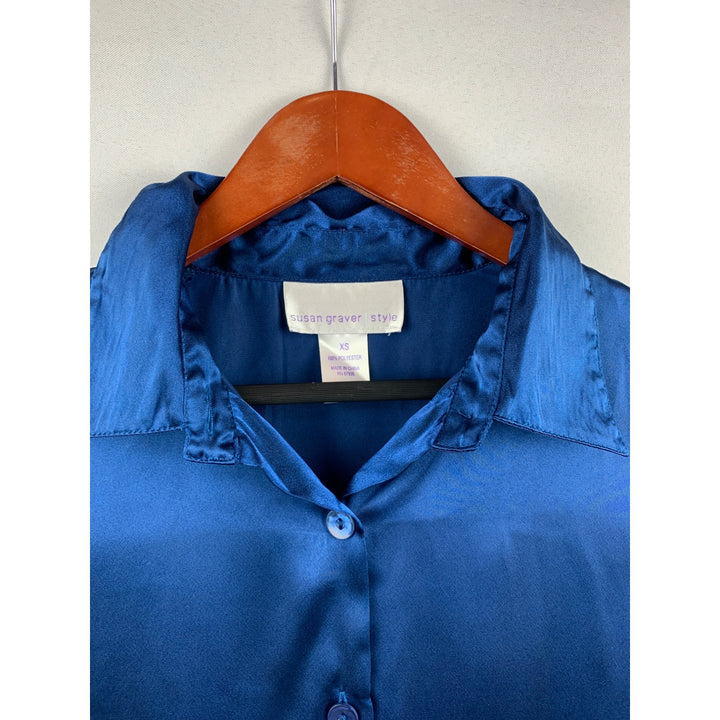 Susan Graver Style Royal Blue Satin Button-Up Shirt XS