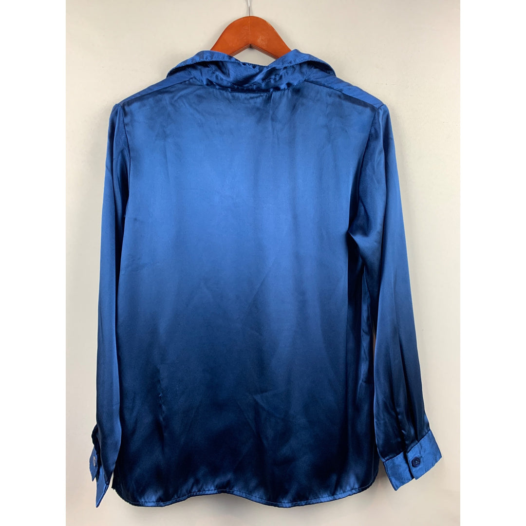 Susan Graver Style Royal Blue Satin Button-Up Shirt XS