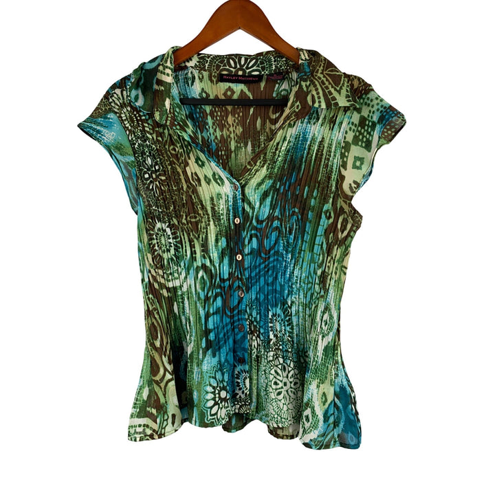 Hayley Matthews XL Womens Boho Top Green &amp; Blue Tribal Print Button-Down