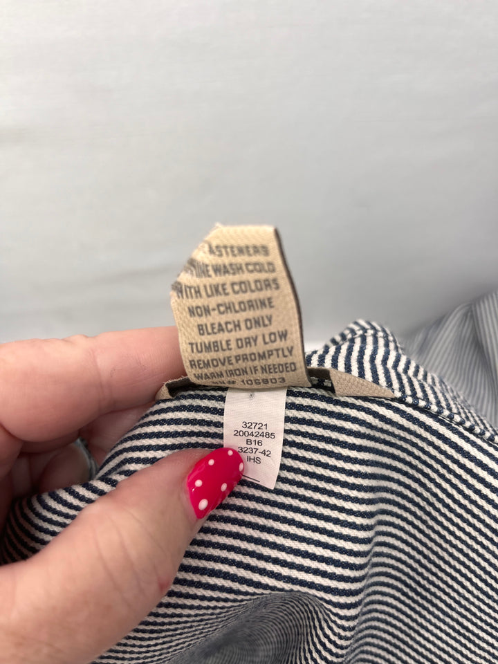 Duluth Trading Co Hickory Stripe Chore Coat Workwear Railroad inspired Denim Jacket